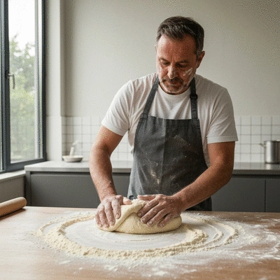 Professional baker kneading dough on a floured surface in a modern kitchen