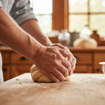 Close-up of baker's hands kneading dough in a small batch setting