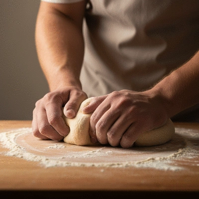 Baker's hands kneading dough on a floured wooden surface, showing the artisan process, warm lighting, soft focus background, no text, no words, no typography, 8K, clean image