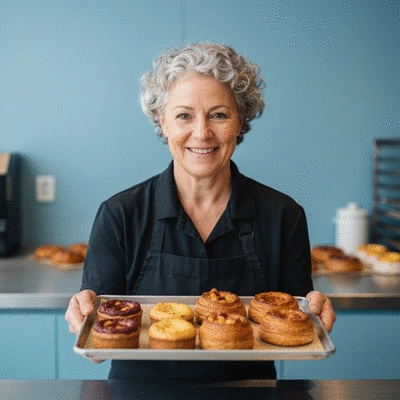 Smiling baker presenting a tray of fresh vegan pastries in a modern bakery setting