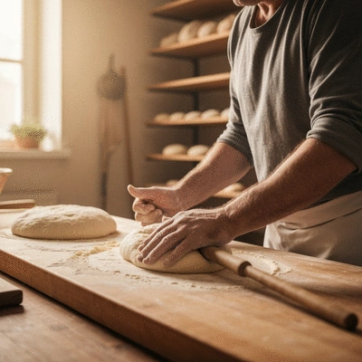 Artisan baker kneading dough by hand with traditional tools in a rustic bakery setting
