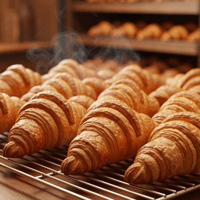 Close-up of freshly baked croissants on a cooling rack, golden brown, flaky texture, steam rising, warm bakery background, no text, no words, no typography, 8K, clean image