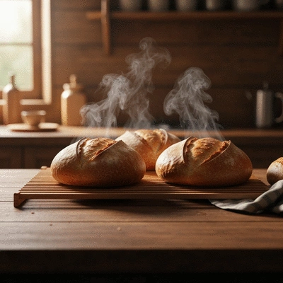 Freshly baked artisan bread on a cooling rack in a warm, rustic kitchen setting