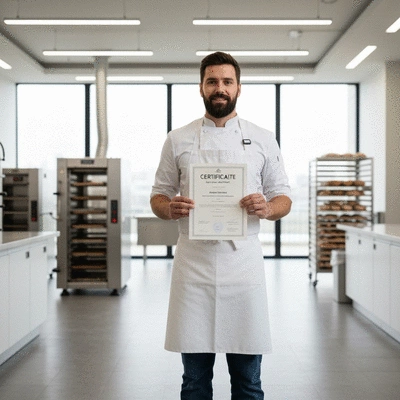 Professional baker proudly holding up a certification in artisan bread baking, in a modern bakery setting, clean image, no text, no words, no typography