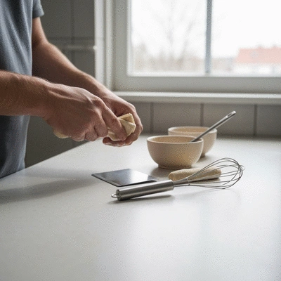Hands cleaning baking tools on a kitchen counter