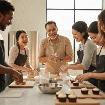 Diverse group of people learning to bake in a bright, modern workshop kitchen