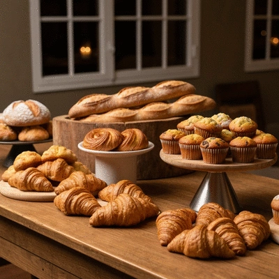 Beautifully arranged catering spread of artisan pastries and breads on a rustic table, elegant presentation