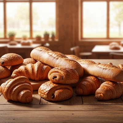 Assortment of freshly baked artisan pastries on a rustic wooden table