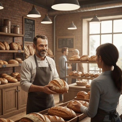 Artisan baker showing freshly baked bread to a customer in a bakery, soft warm lighting