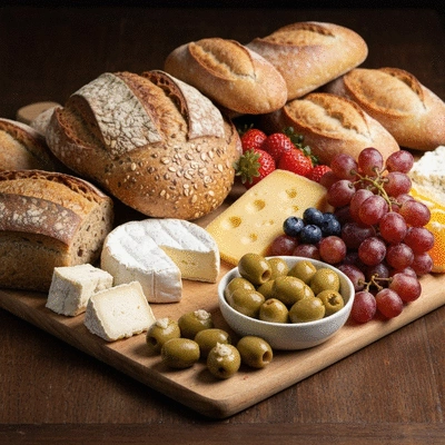 Artisan bread charcuterie board with local cheeses and fruits
