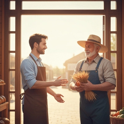 Baker interacting with a local farmer, showing fresh produce, emphasizing community connection