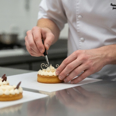 A baker meticulously decorating a delicate pastry in a professional kitchen