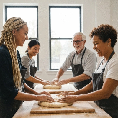 Diverse group of people happily participating in an artisan bread baking class, hands-on, focus on dough preparation, natural light, no text, no words, no typography, clean image