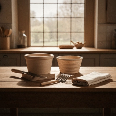 Assortment of artisan bread baking tools on a rustic wooden table
