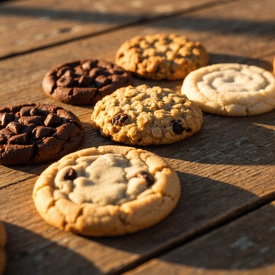 Assortment of vibrant seasonal bakery treats on a rustic wooden table