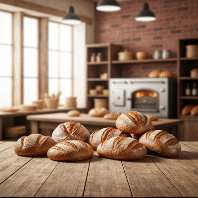 Assortment of freshly baked artisan breads on a rustic wooden table
